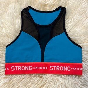 Strong by Zumba Squat Sync Sweat High Neck Mesh Sports Bra Blue Black Orange Red